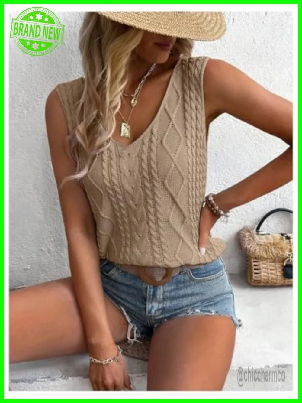 V-Neck Cable Knit Sweater Vest Sleeveless Tank Top
